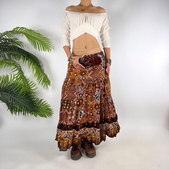 Vintage Brown Floral Fairy Grunge Hippie Bohemian Cottagecore Midi Skirt / 1X - Picture 1 of 6